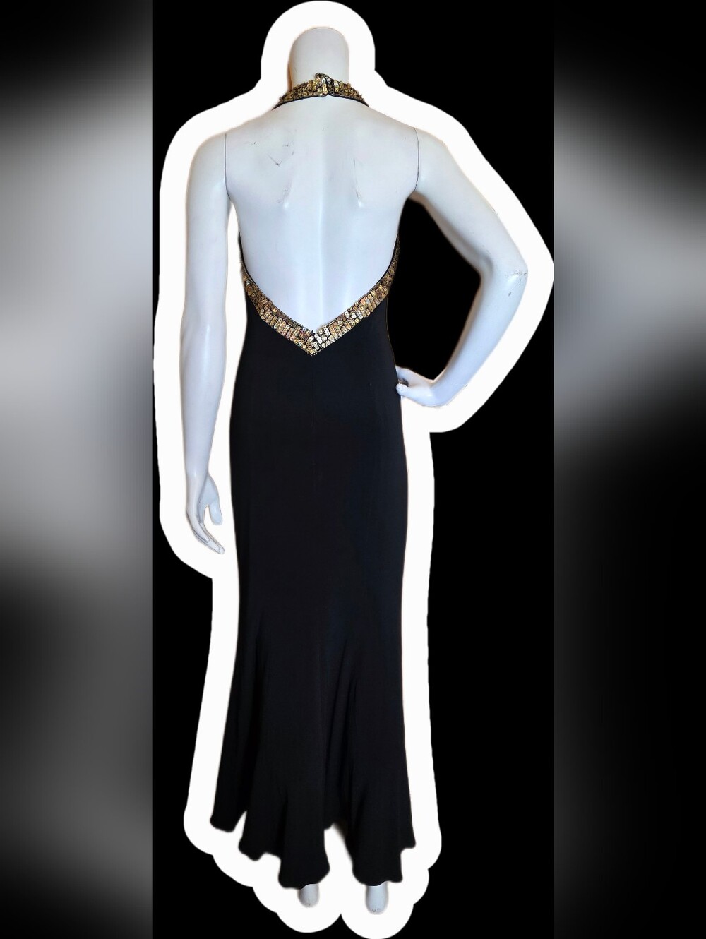 Mystique Boutique Black Maxi Halter Dress with Gold Sequin V-Neck - Picture 3 of 3